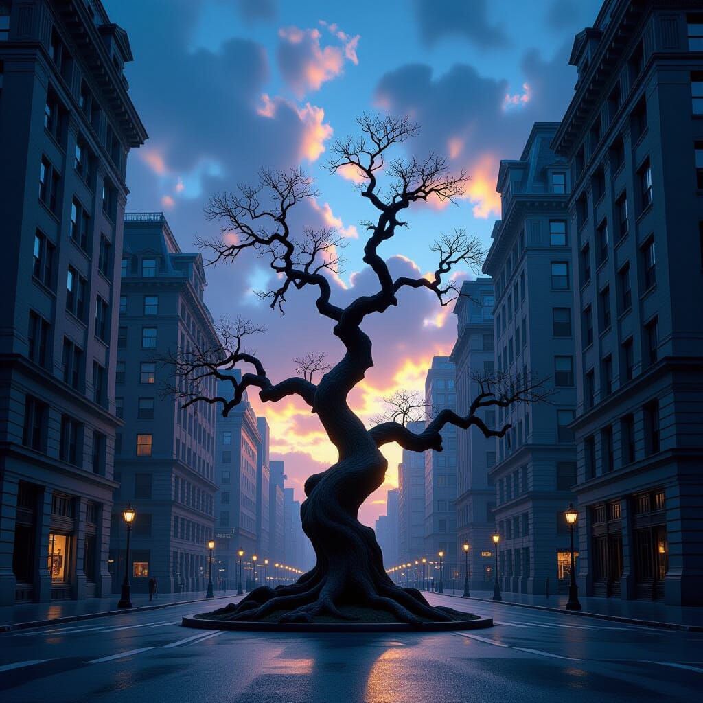 Ancient Tree Against Cityscape at Twilight