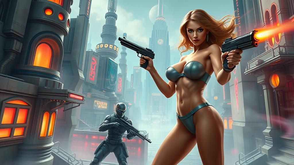 Futuristic Temptress in Retro Sci-Fi Battle Scene