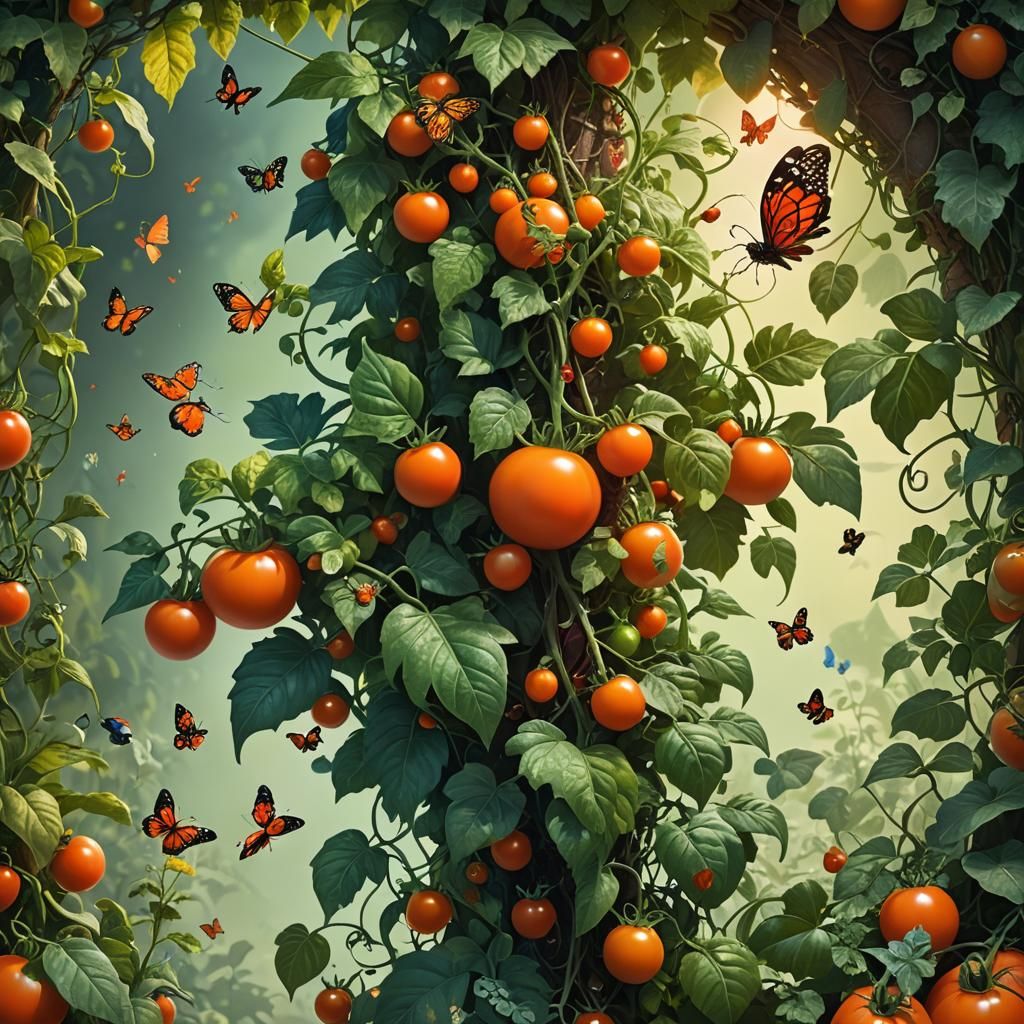 Tomato Plant and Butterflies in Fantasy Art