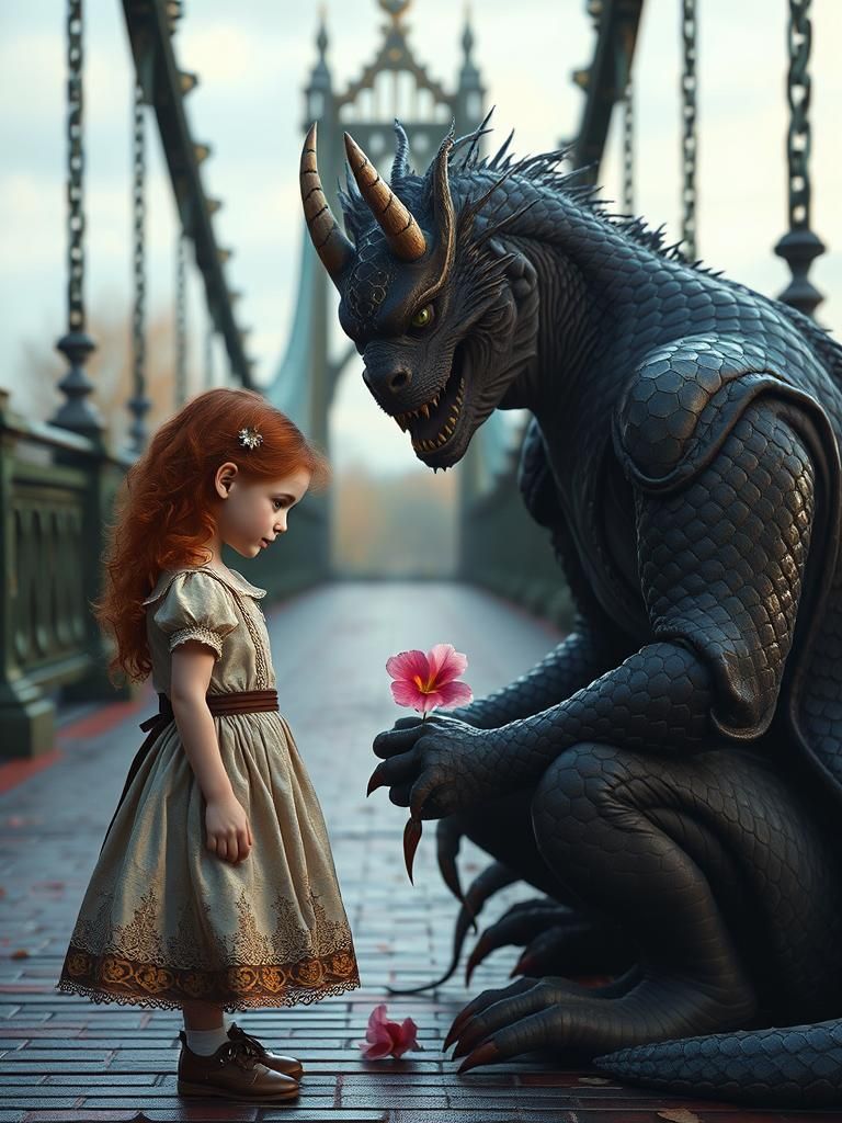 Girl and Serpentine Monster in Hyper-Realistic Style