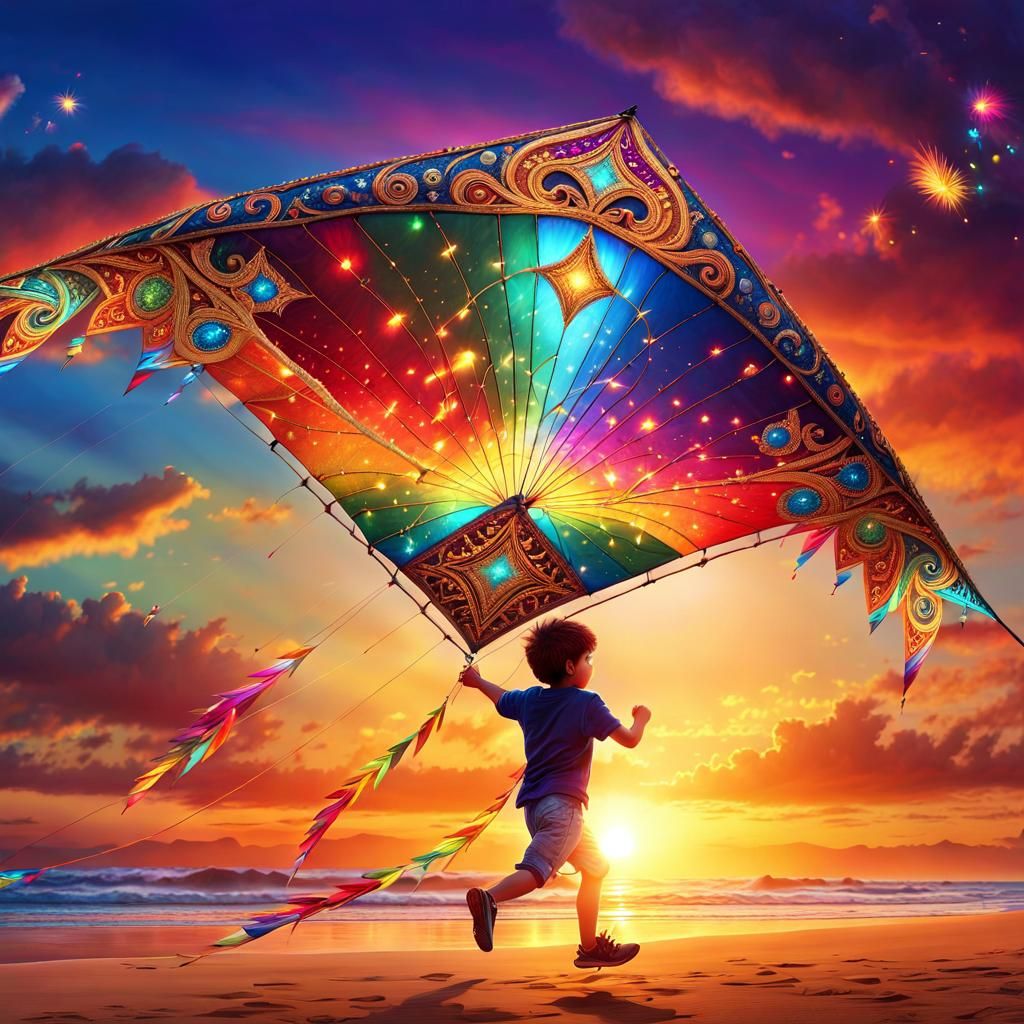 Boy Flying Ornate Kite at Sunset, Jewel Tones