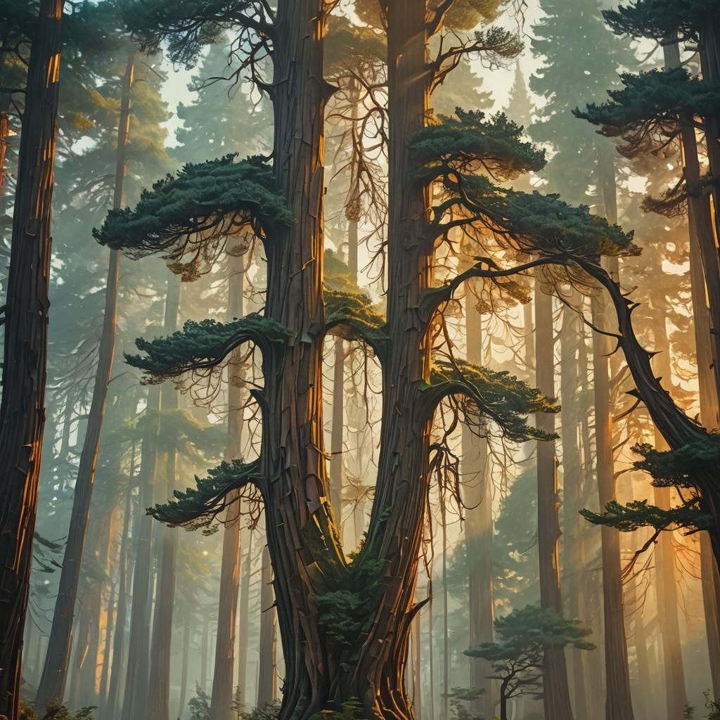 Stained Glass Cypresses in Misty Landscape