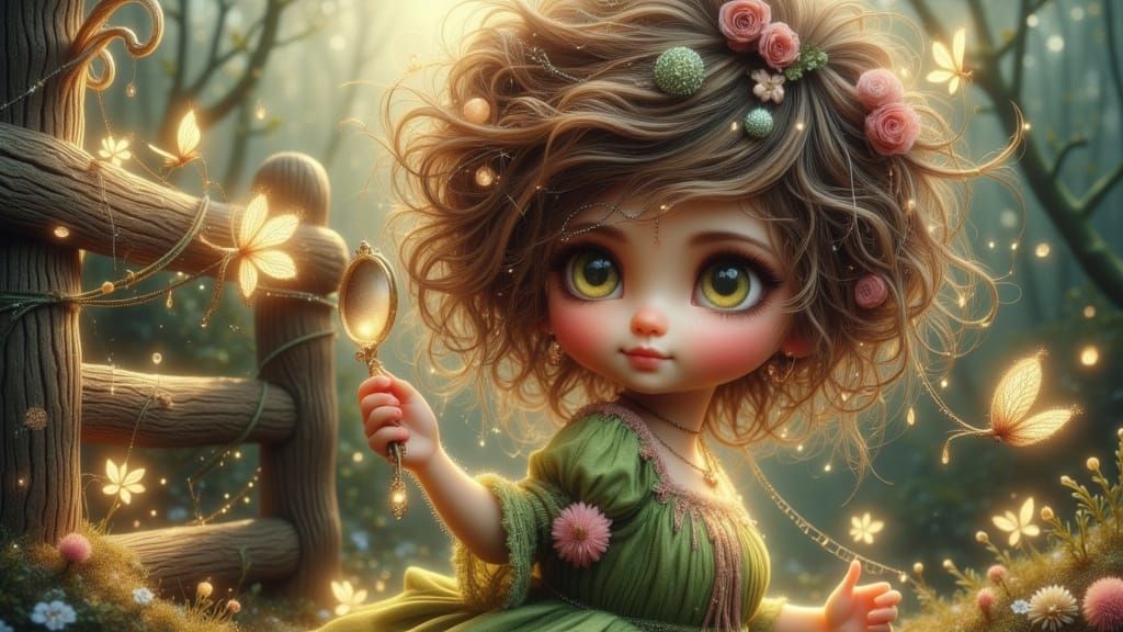 Whimsical Girl in Ribboned Dress by Wooden Fence