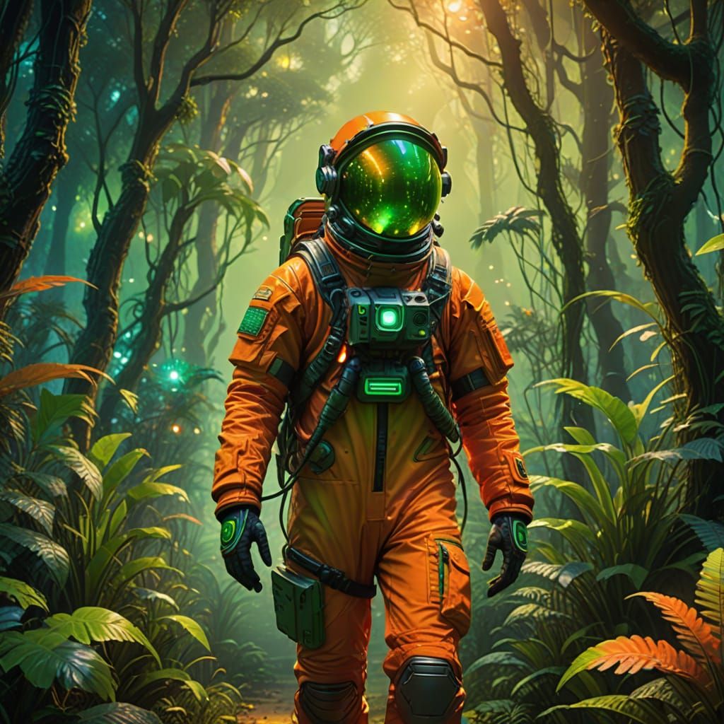 Explorer in Neon Jungle: Ethereal Fantasy Art