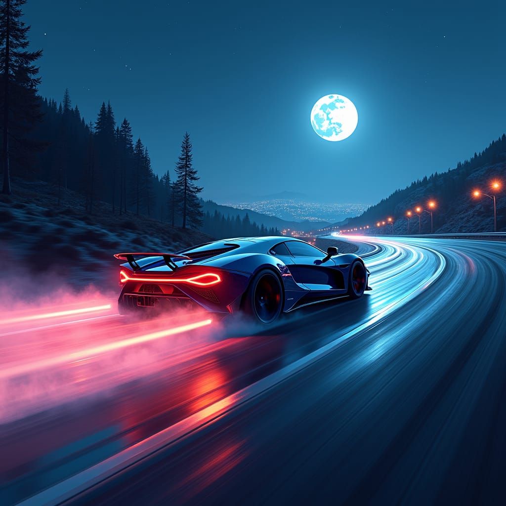 Sports Car Drifting Uphill Under Starry Night Sky
