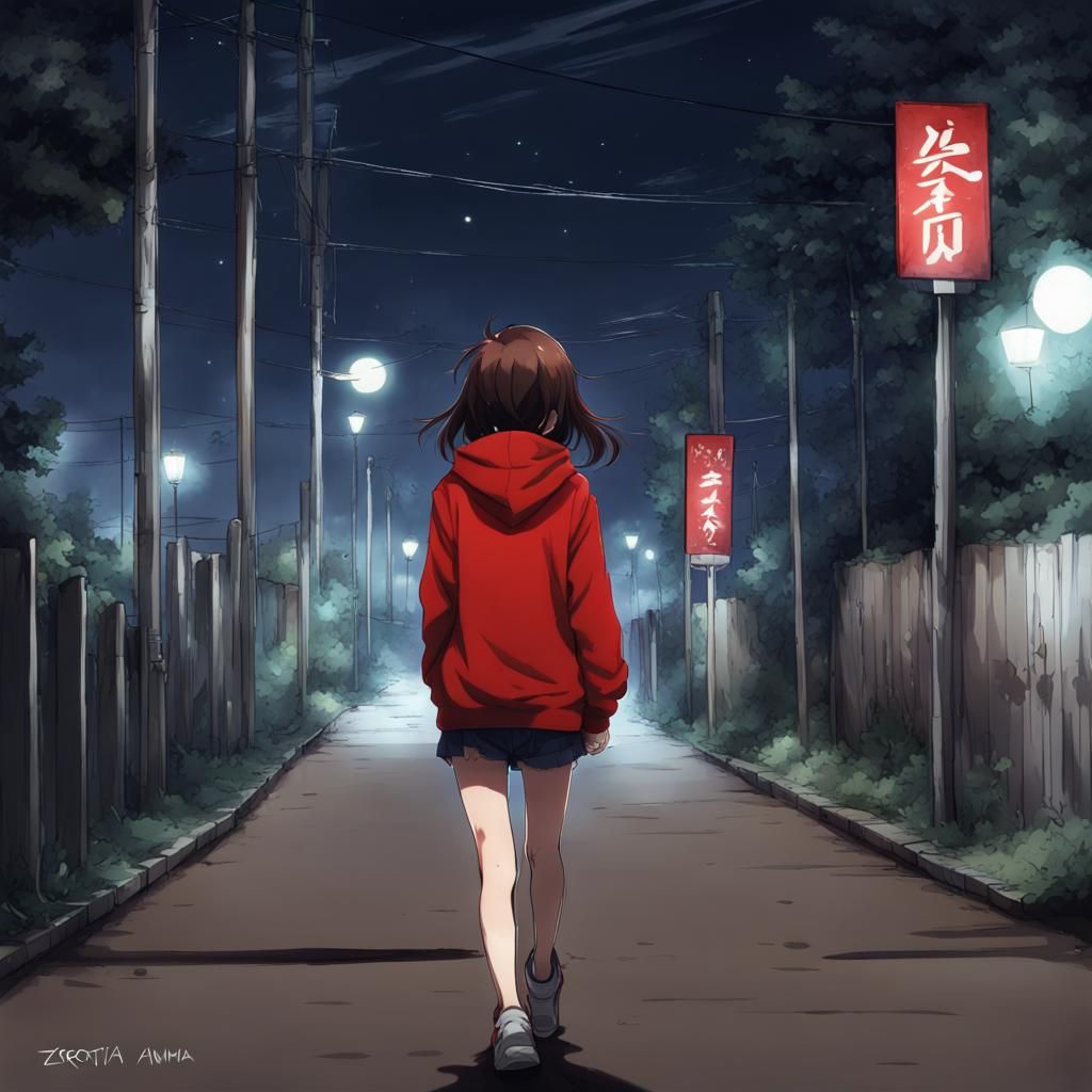 Girl in Red Hoodie Walking at Night in Anime Style