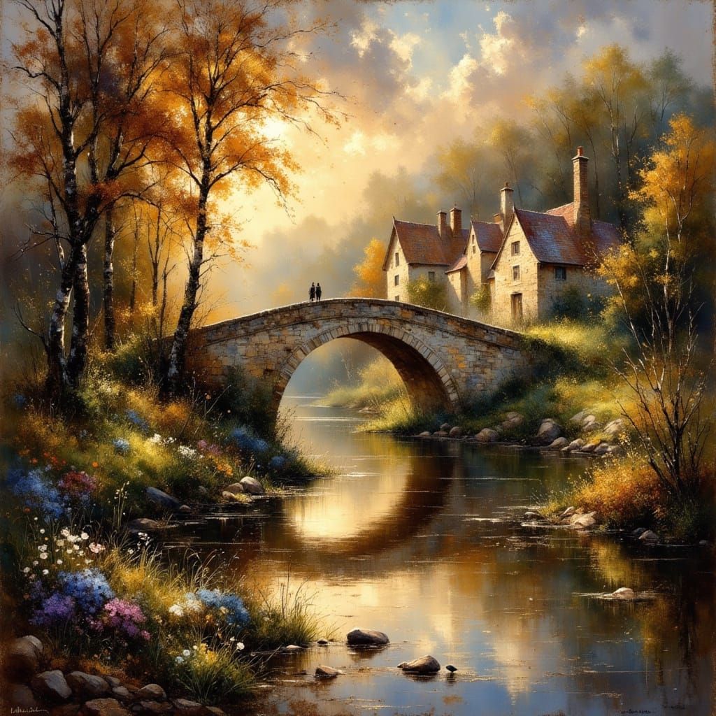 Village Bridge at Golden Hour in Impressionist Style