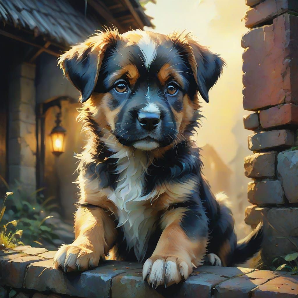 Whimsical Watercolor Portrait of a Puppy in Enchanting Moonl...