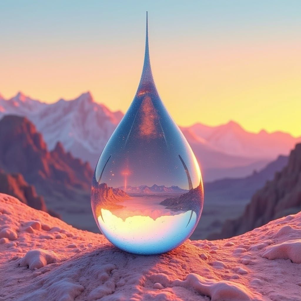 Surreal Water Droplet Reflects Desert Sunset in Delicate Lin...