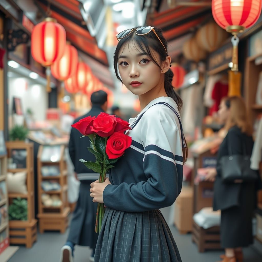 Japanese Student with Roses in Street Market