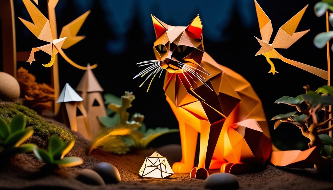 Origami Cat in Fairy Garden at Night