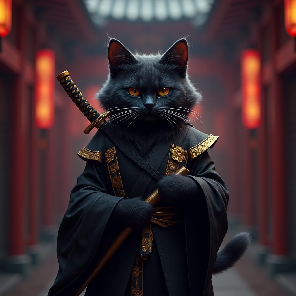 Ninja Cat with Katana in Japanese Art Nouveau Style