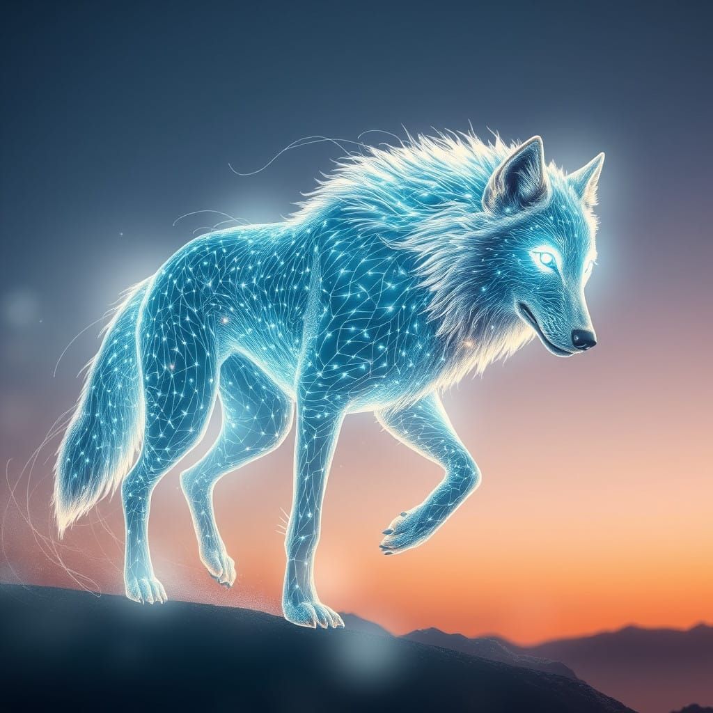 Ethereal Wolf Formed from Beams of Light in Neon Futurism St...