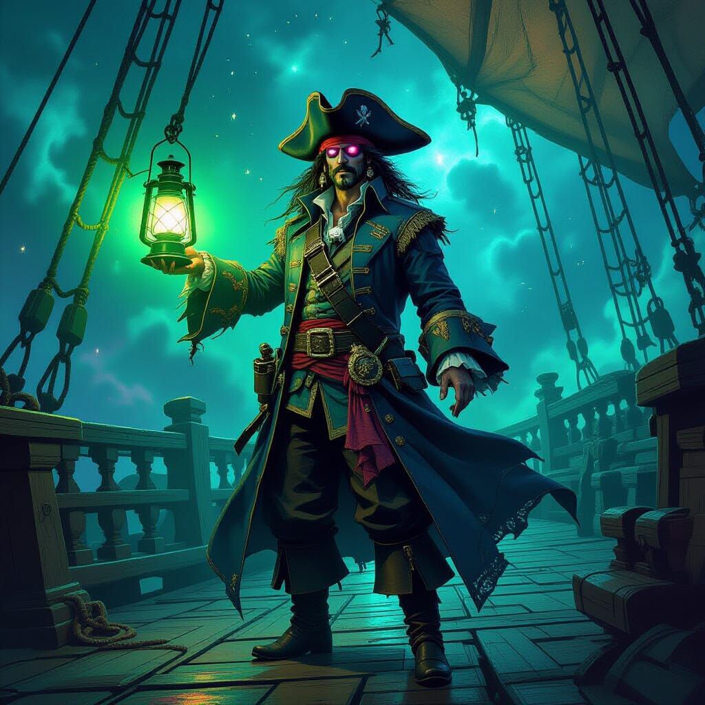 Spectral Pirate Captain Amidst Cosmic Nebula