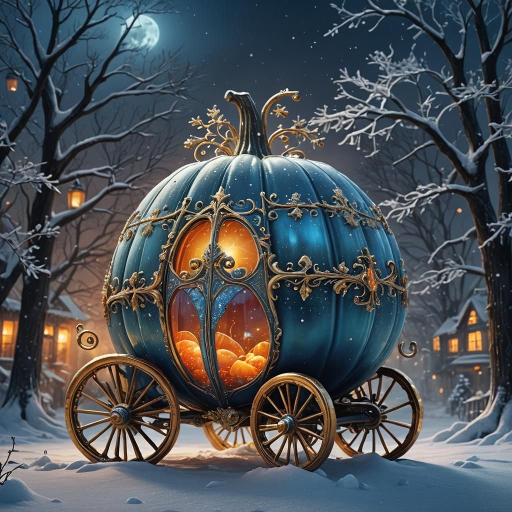 Glass Pumpkin Carriage in a Snowy Winter Night