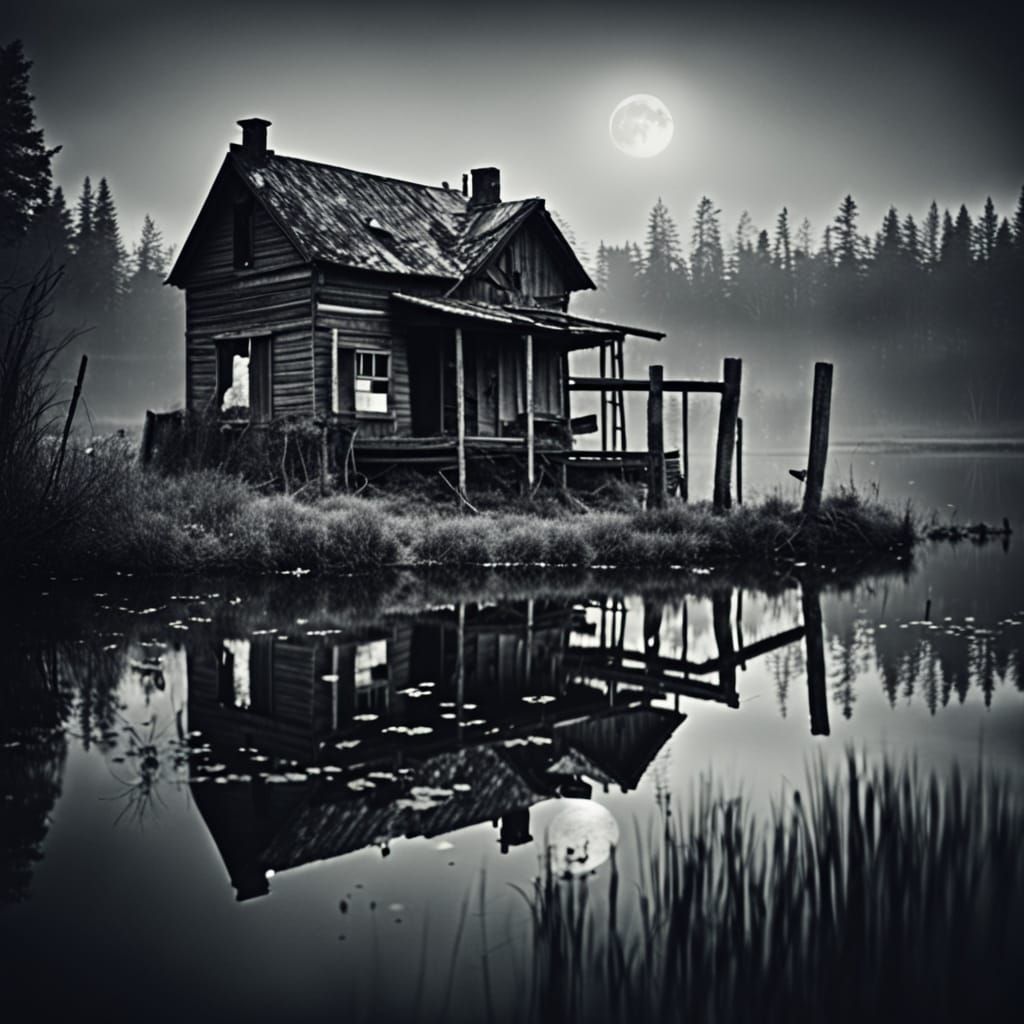 Ethereal Black and White Landscape with Dilapidated House an...
