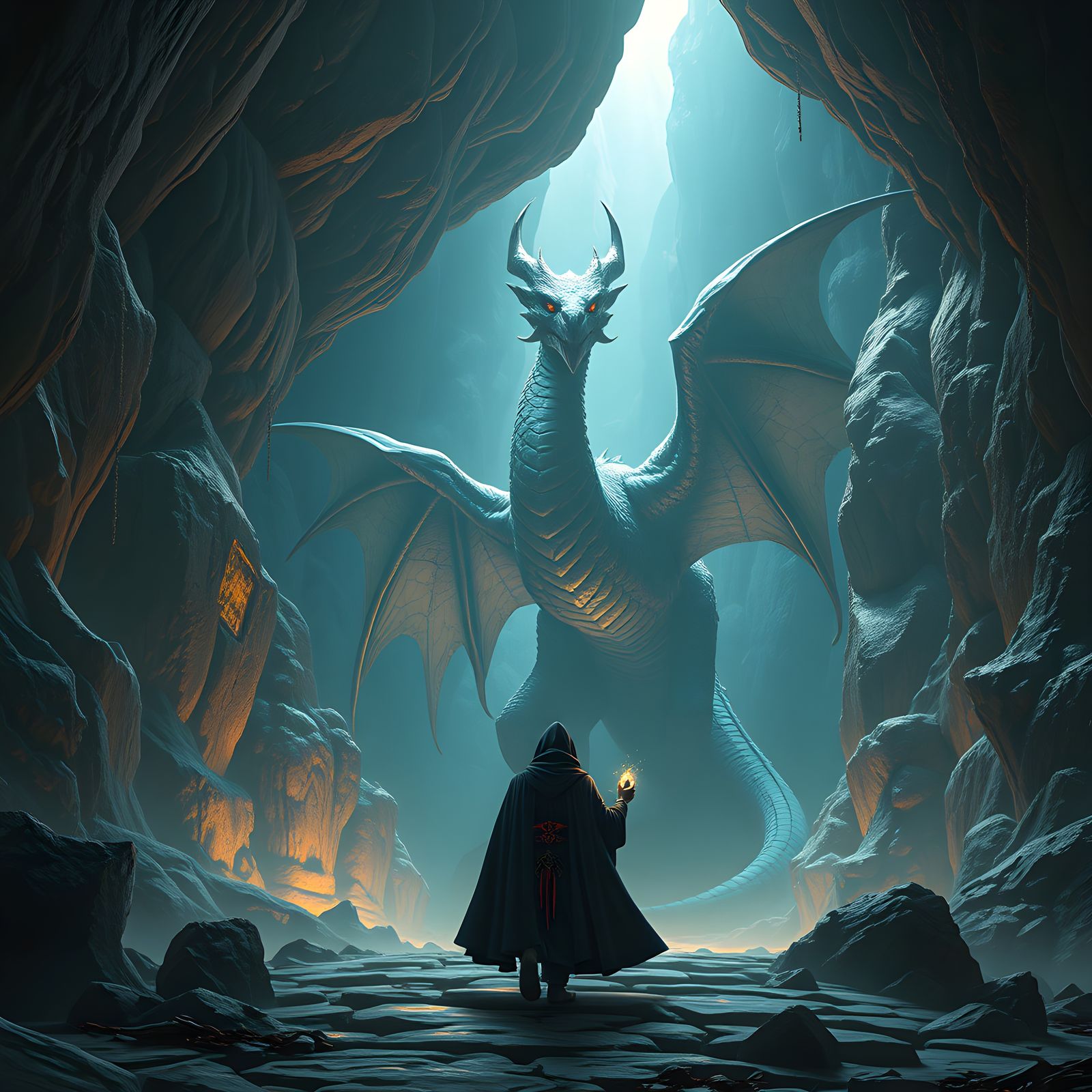 Youth Mage Enters Dragon's Cave: Fantasy Concept Art