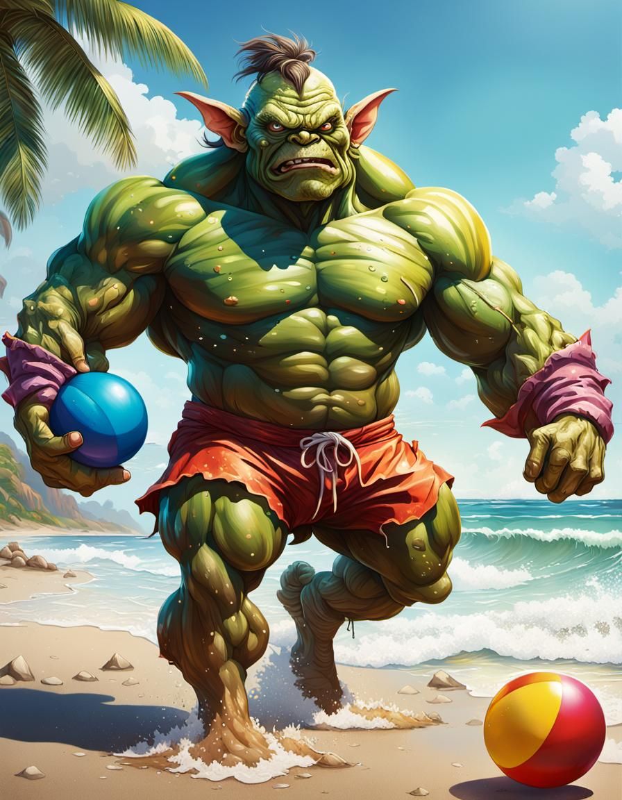 Surreal Beach Scene with a Muscular Goblin