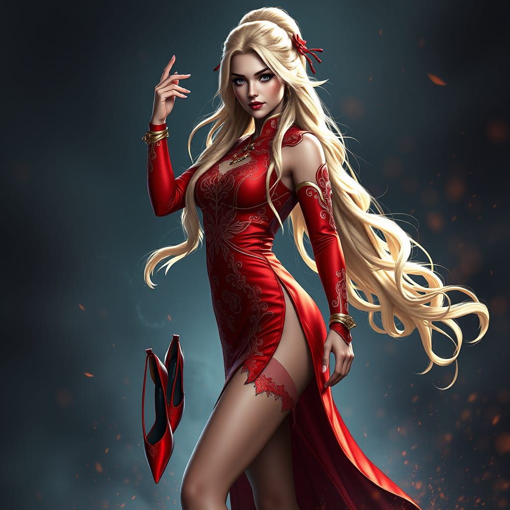 Blonde Jaina Proudmoore in Stunning Red Chinese-Inspired Por...