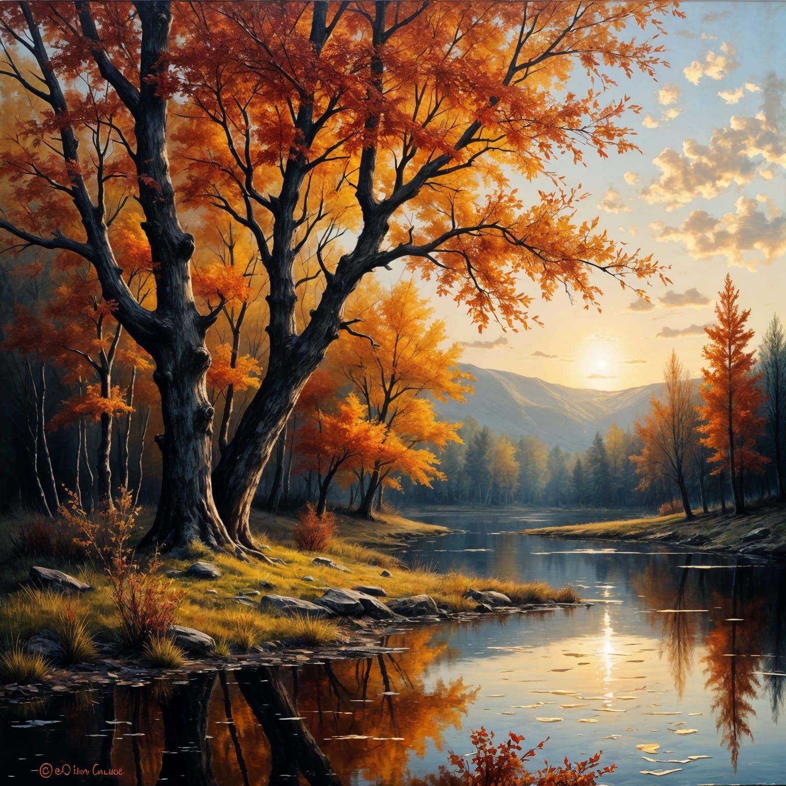 Autumn Forest Pond with Giant Tree in Oil Painting Style
