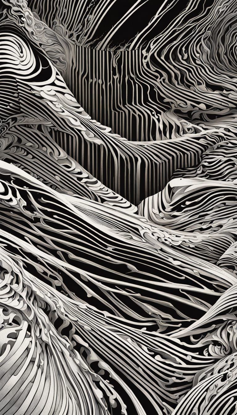 Ultradetailled pen and ink drawing by Shintaro Kago, hyperreal fish-eye lens distorted perspective, contour lines, showi...