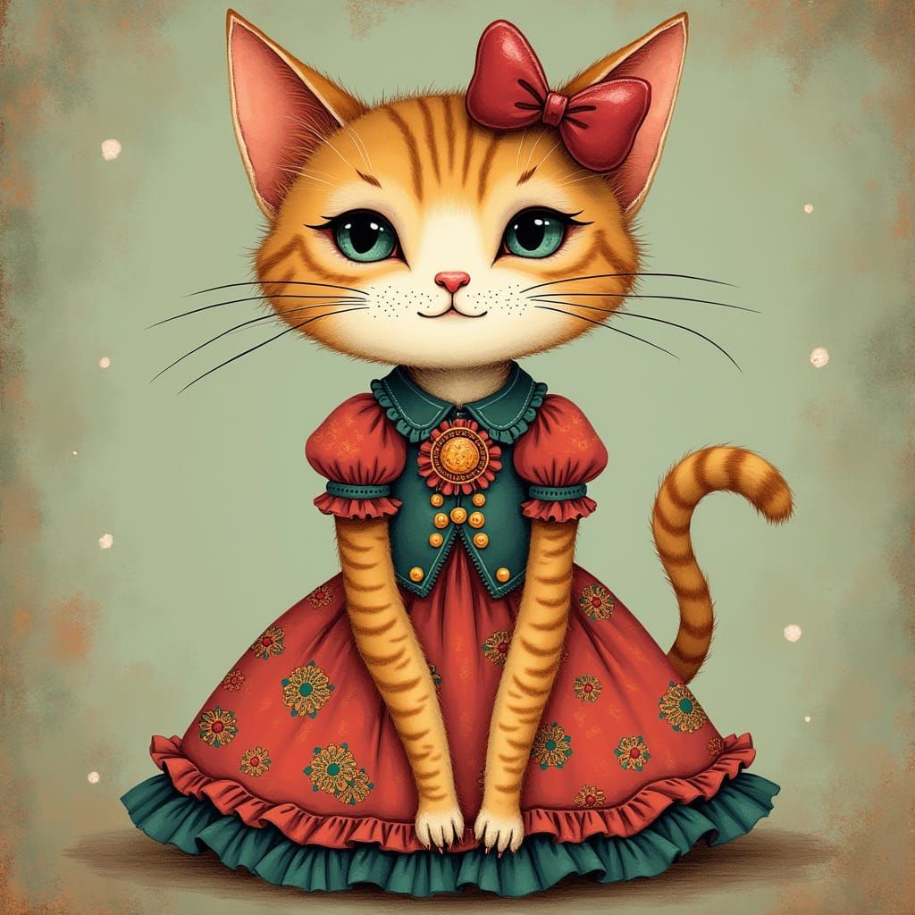 Cat in Elegant Dress: Folk Art Meets Manga