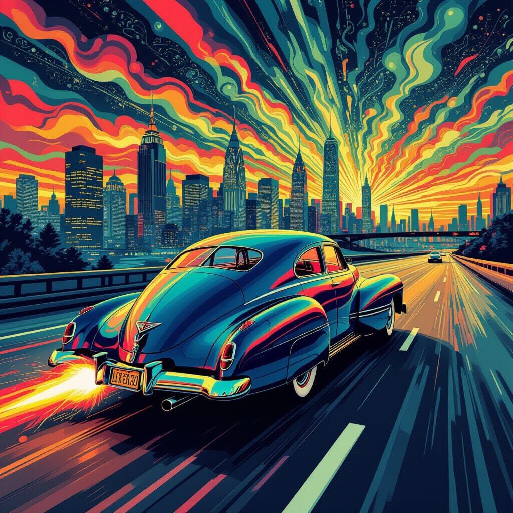 Tucker Torpedo Speeding from Cityscape in Fractal Art