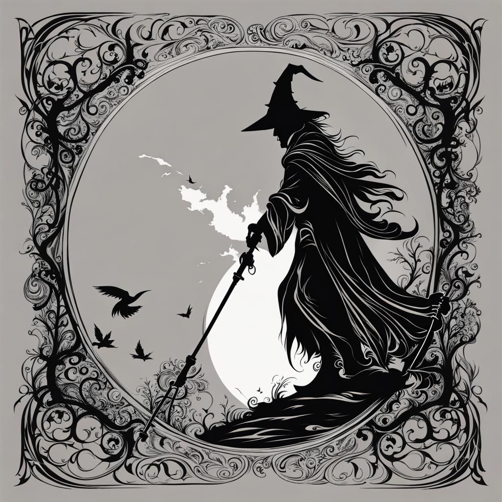 Wizard Silhouette in Arthur Rackham Style