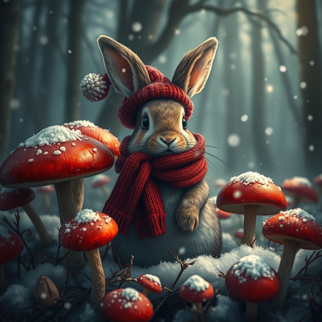 Whimsical Winter Wonderland with Cozy Rabbit in Dark Forest
