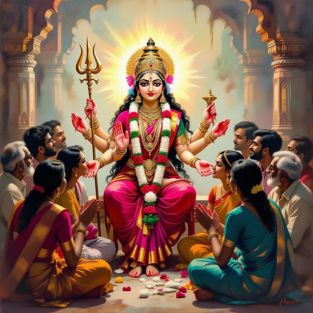 Maa Durga Listens to Devotees in Kolkata, Painterly Style