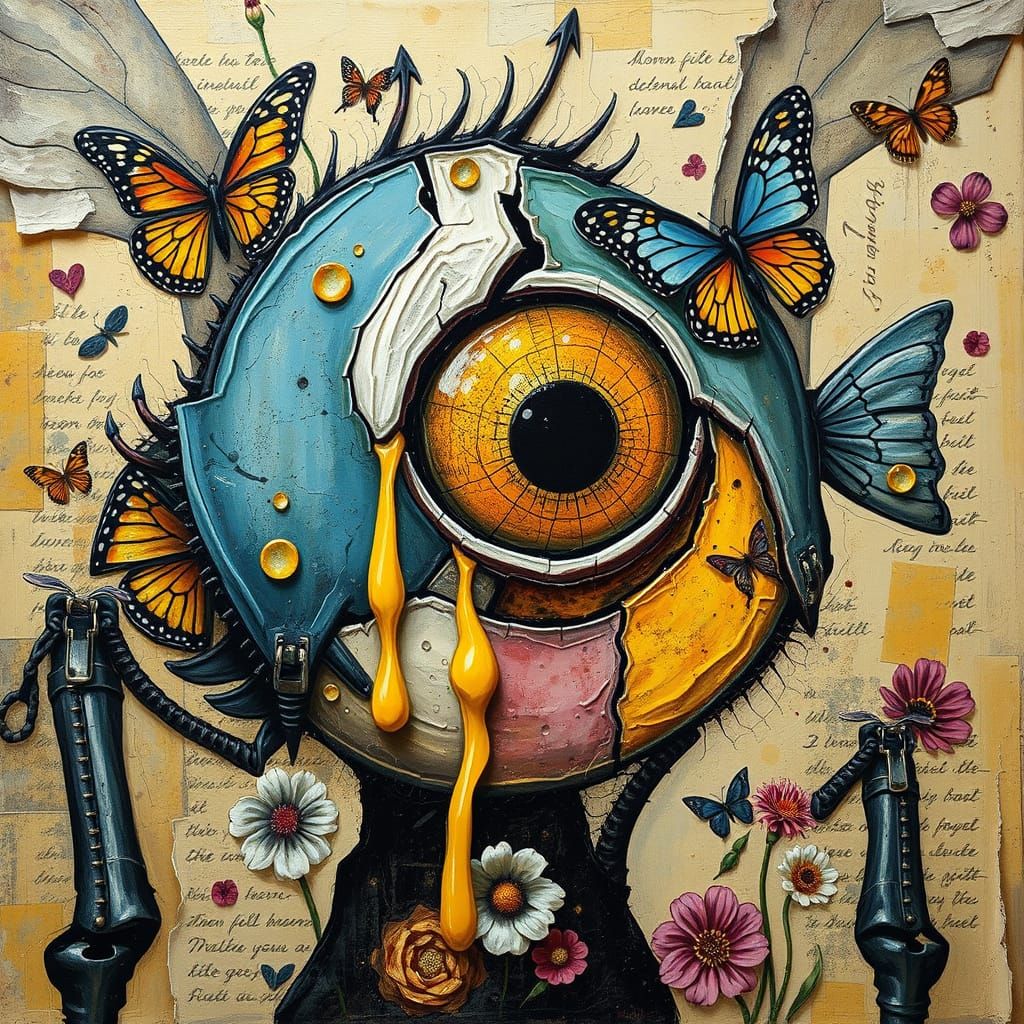 Vibrant Impasto Artwork with Insect and Fish Bodyparts in Ov...