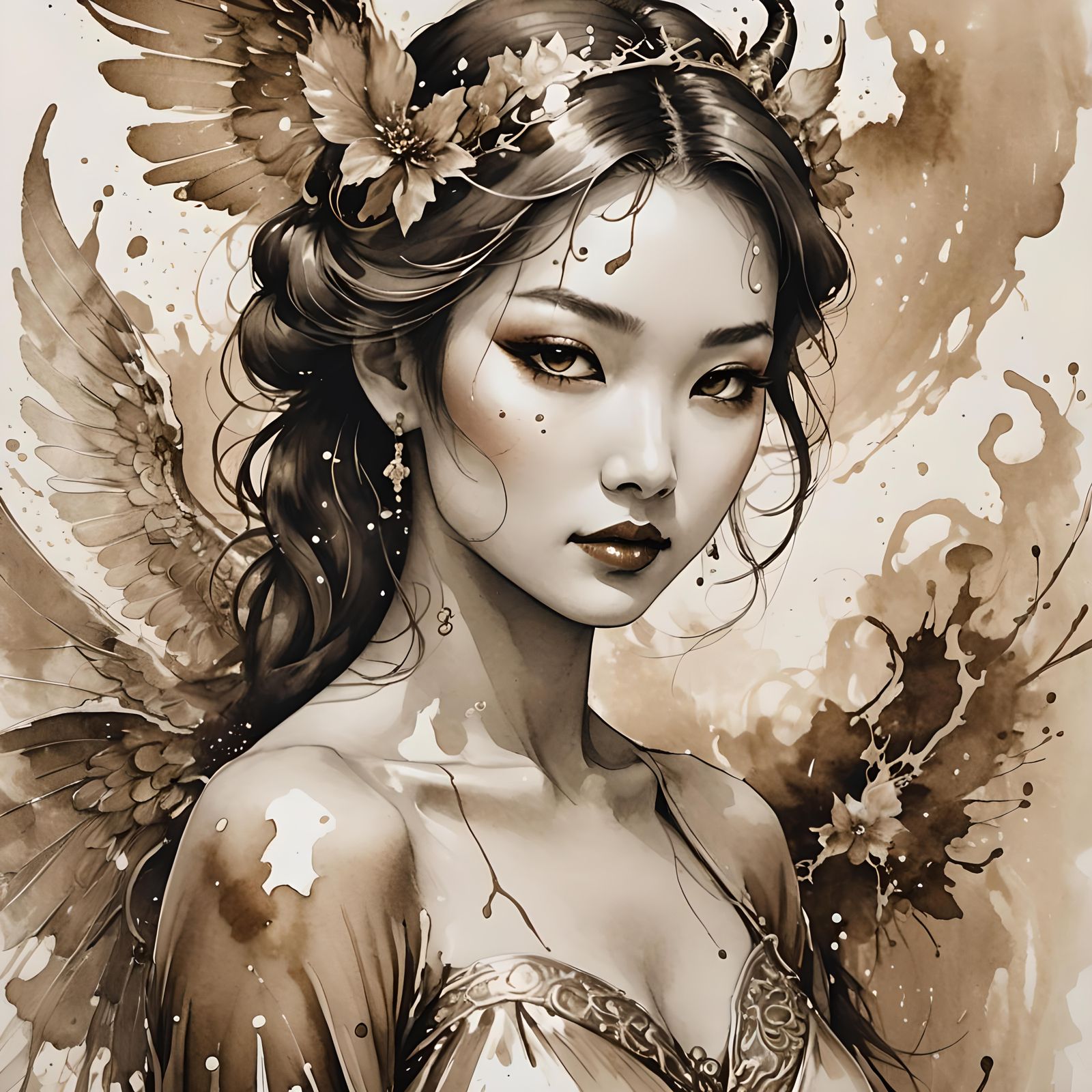 Elegant Angel Demon Woman in Sumi-e Style
