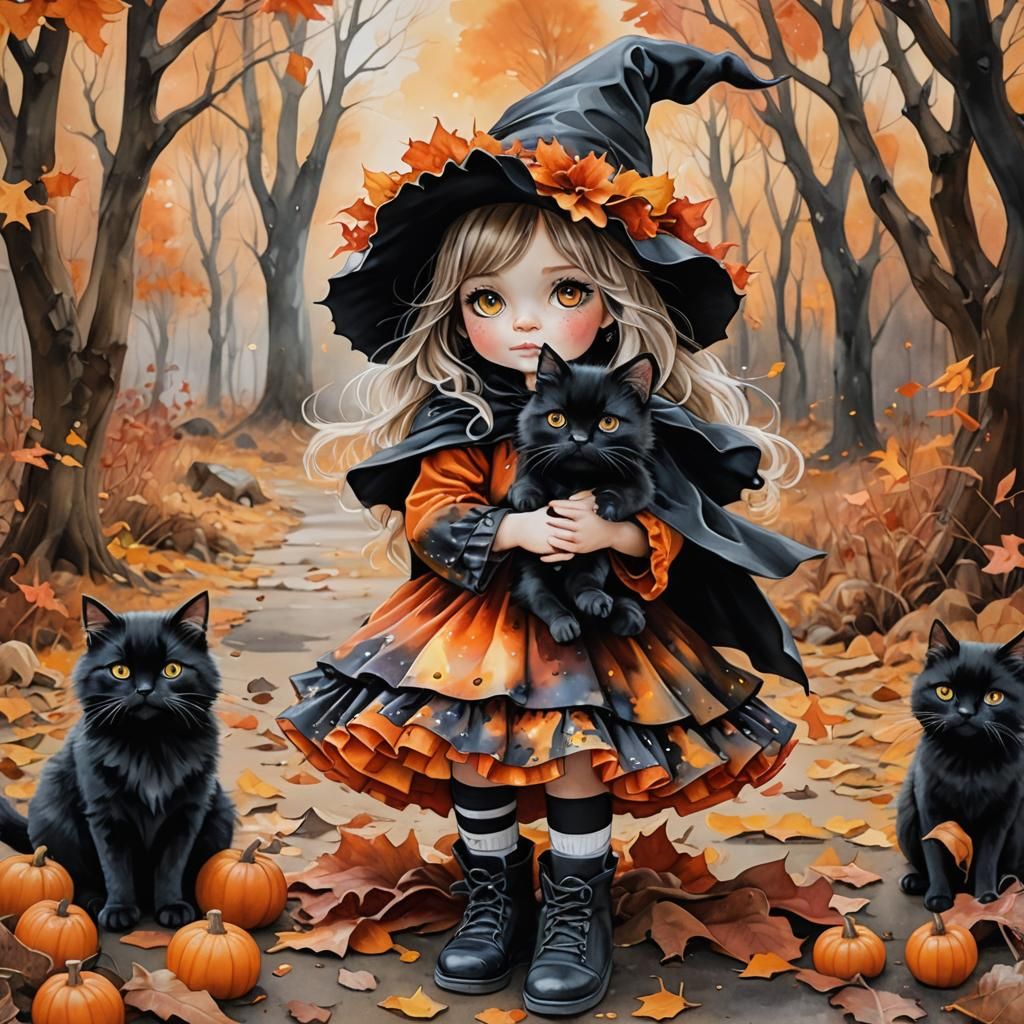 Whimsical Girl with Cat in Autumn Village