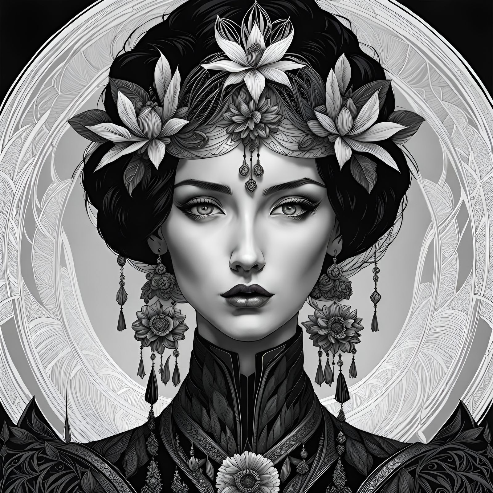 Flower Goddess Portrait in Art Nouveau Style