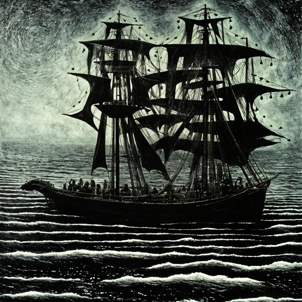 Ghostly Pirate Ship of the Night in a Surreal Dark Art Style