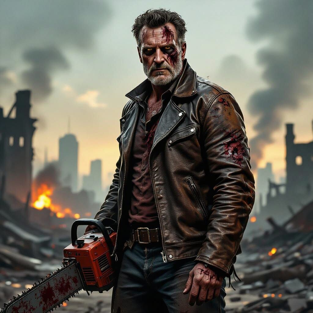 Grizzled Bruce Campbell as Zombie Hunter with Chainsaw