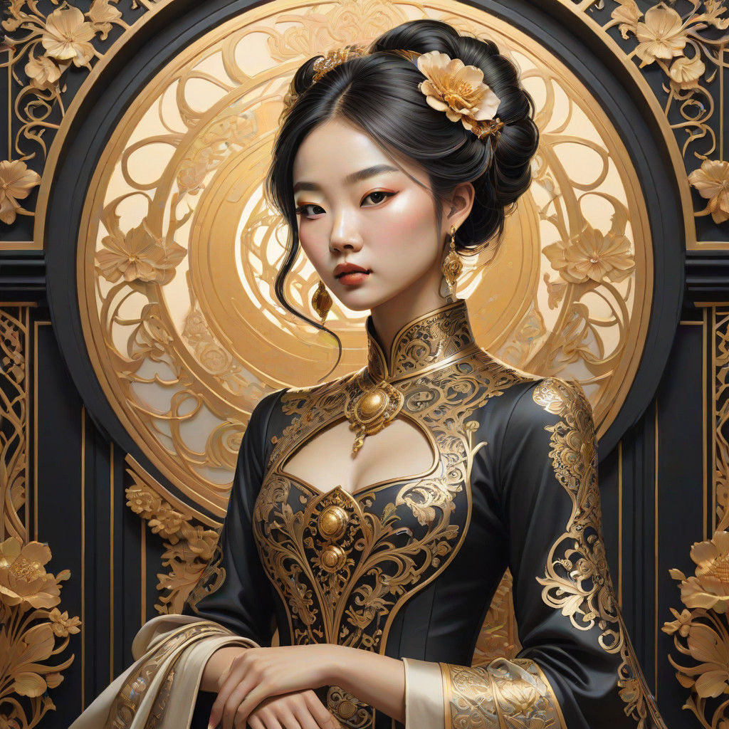 Elegant Chinese Beauty in Rococo-Inspired Masterpiece