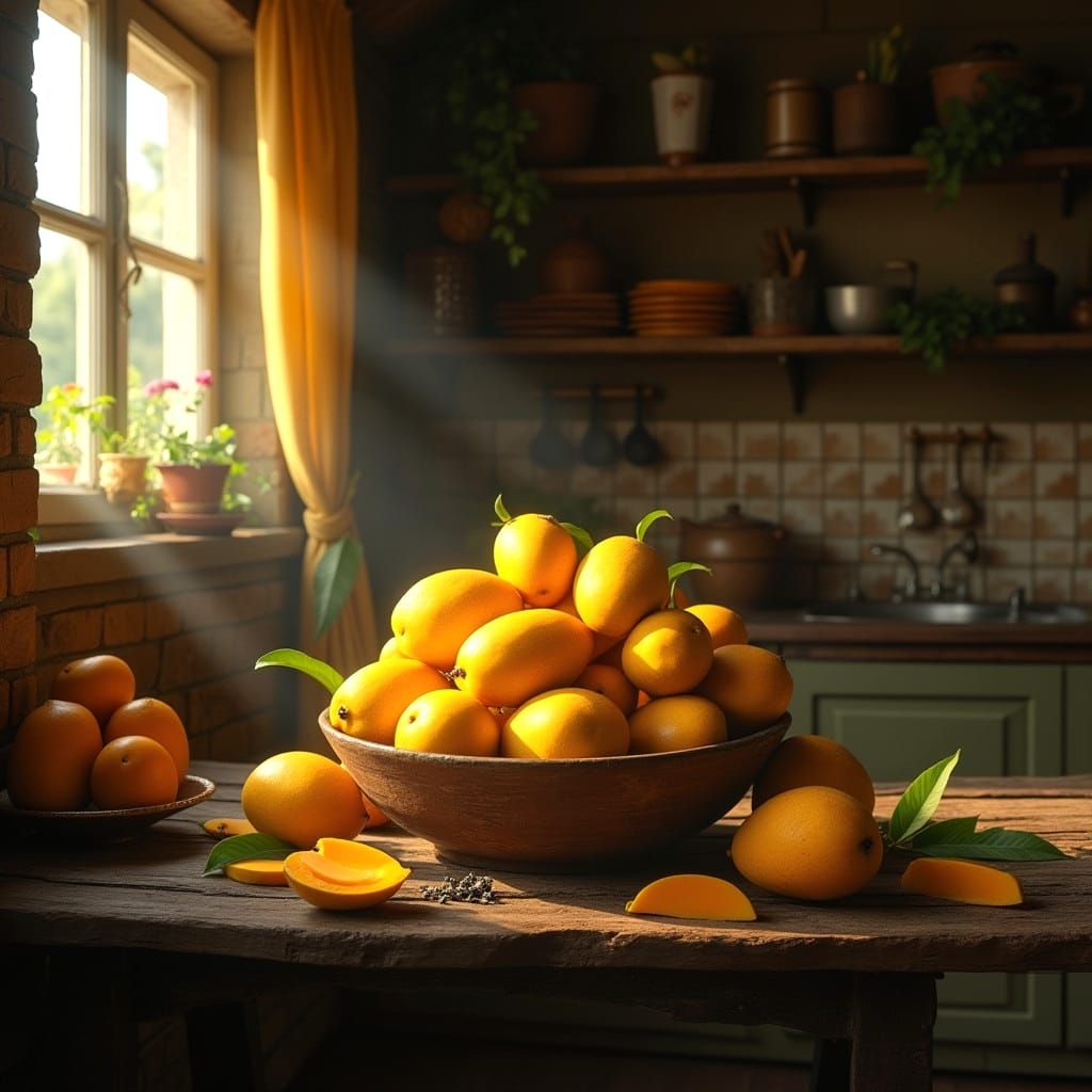 Overflowing Bowl of Mangoes in Rustic Kitchen