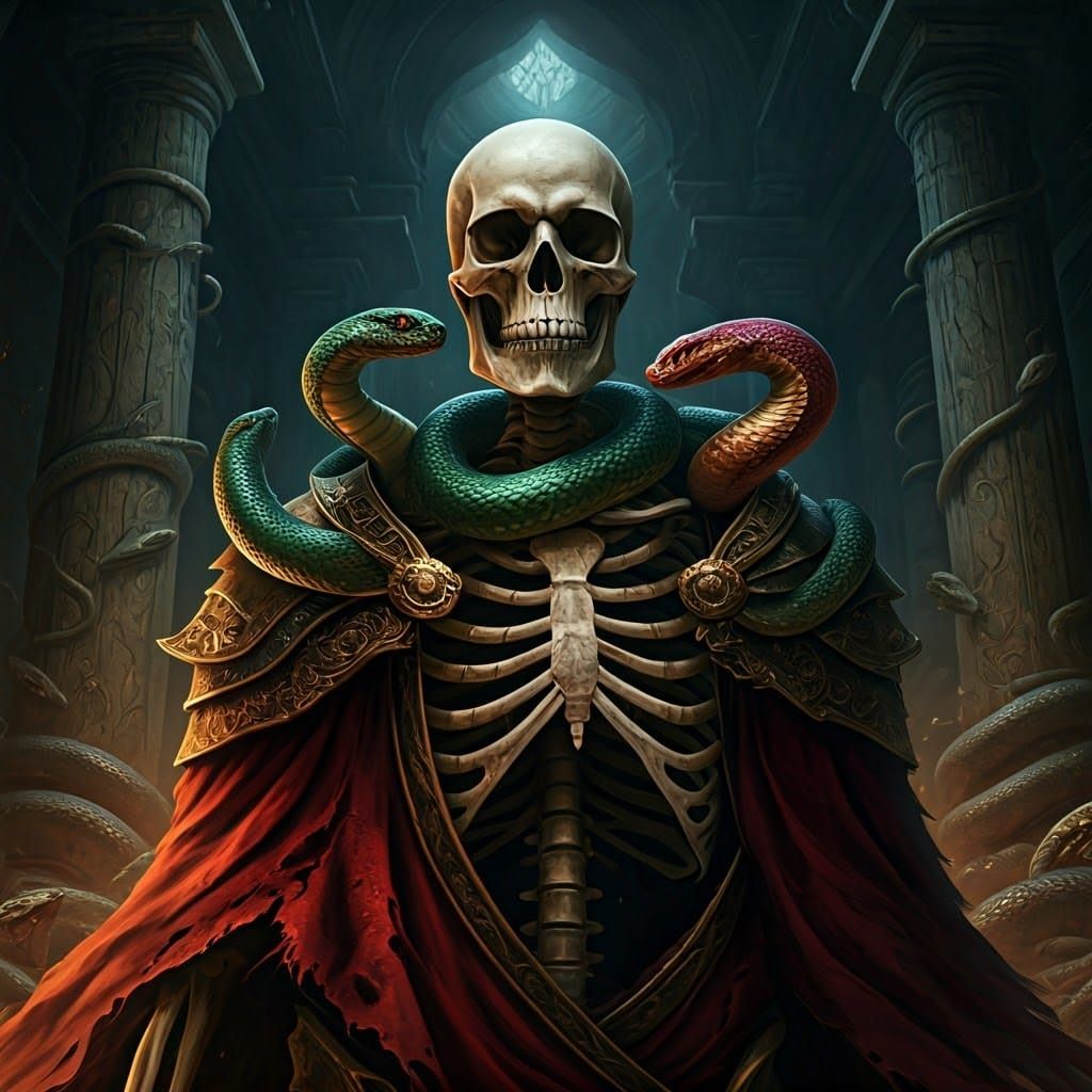 Regal Skeleton with Snakes in Ancient Chamber