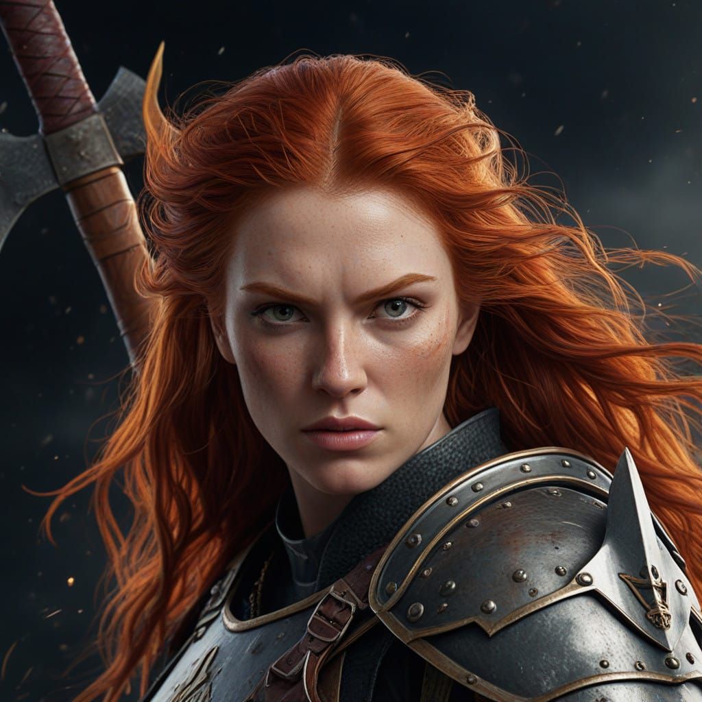 Epic Red-Haired Warrior in Armor, Axe in Hand, in Stunning M...