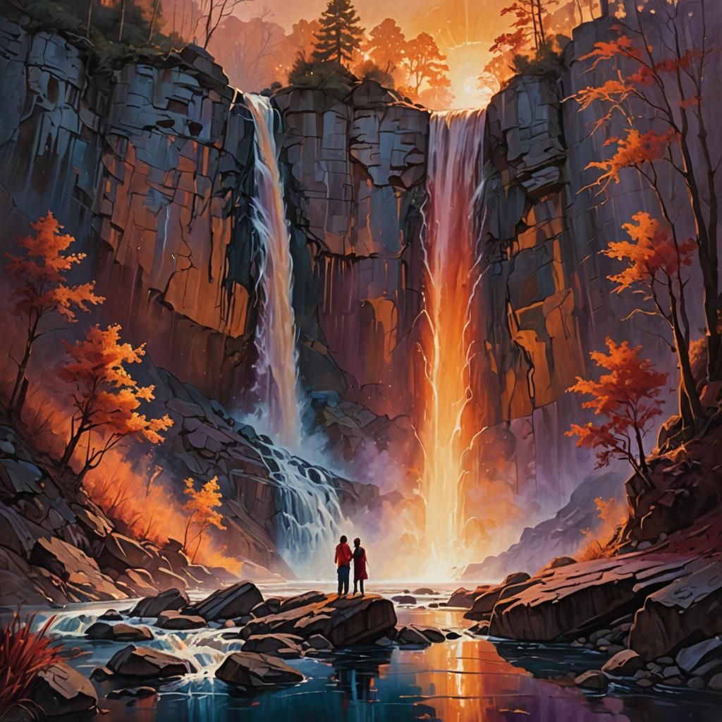 Emotional Waterfall Scene in Ethereal Painting Style