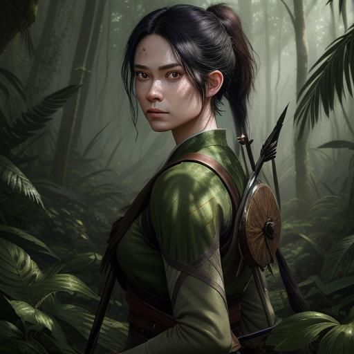 Luminous Archer Crouched in Jungle Sunlight