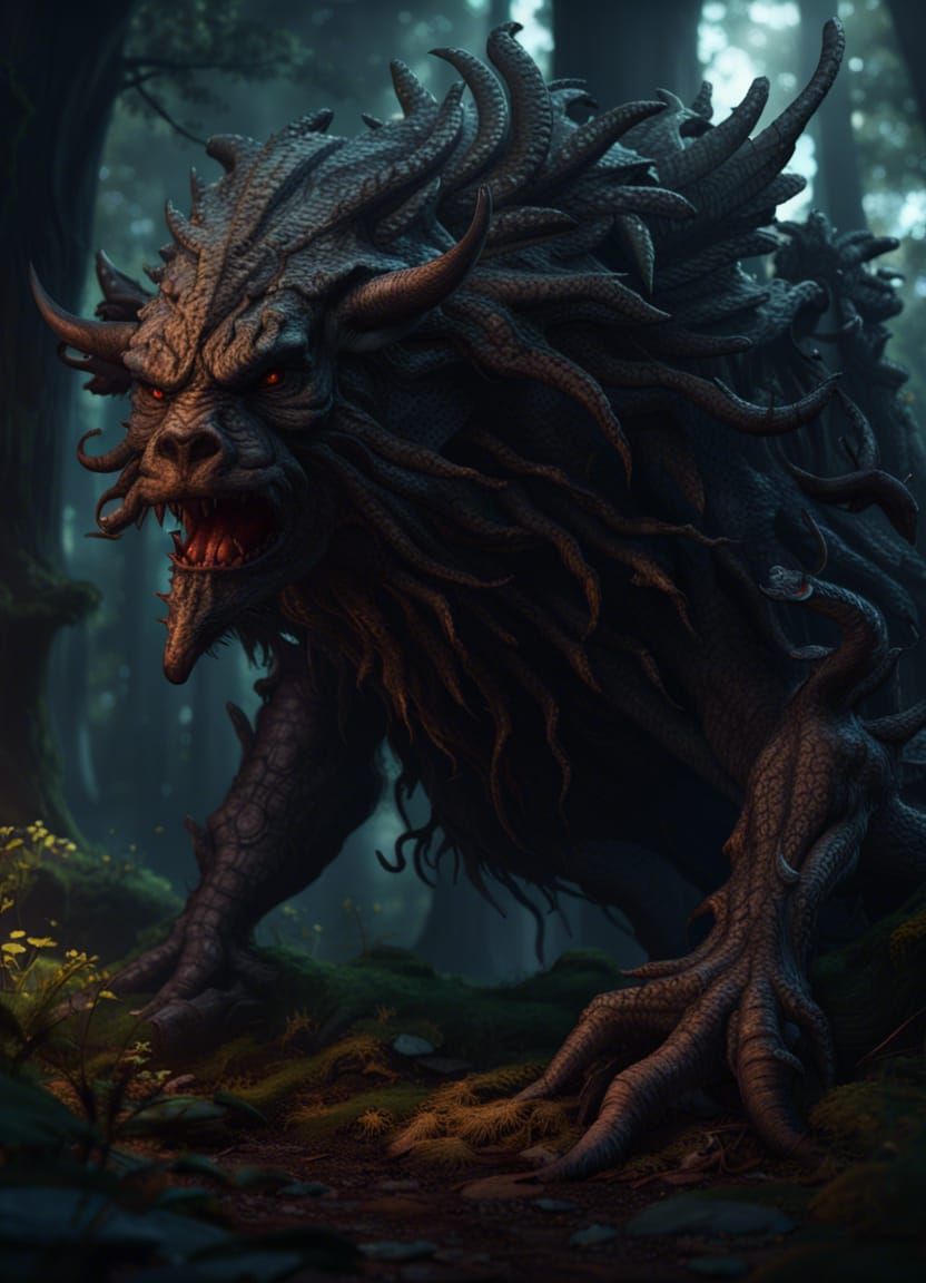 Dark Fantasy Beasts in the Woods, Hyperdetailed Art