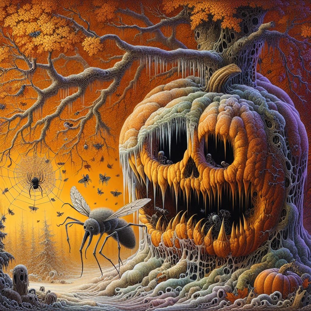 Frozen Halloween Pumpkin Under Autumnal Tree