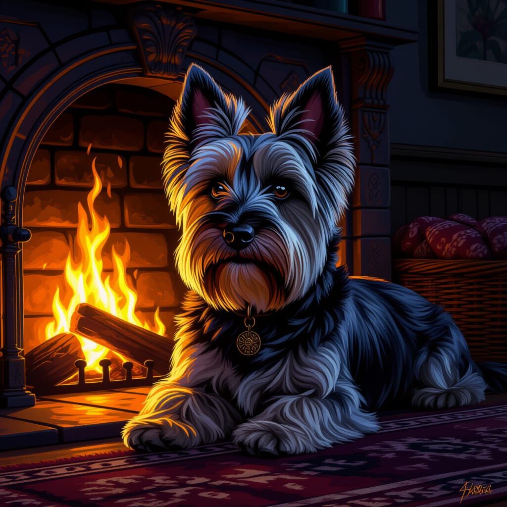 Cute Scottish Terrier by Fireplace: Dark Fantasy Art
