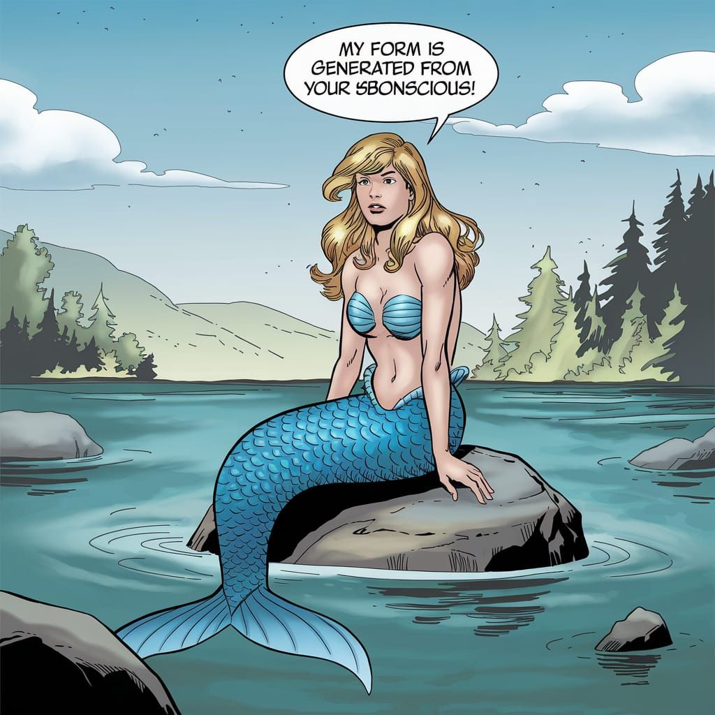 Mermaid Comic Book Panel in Serene Landscape