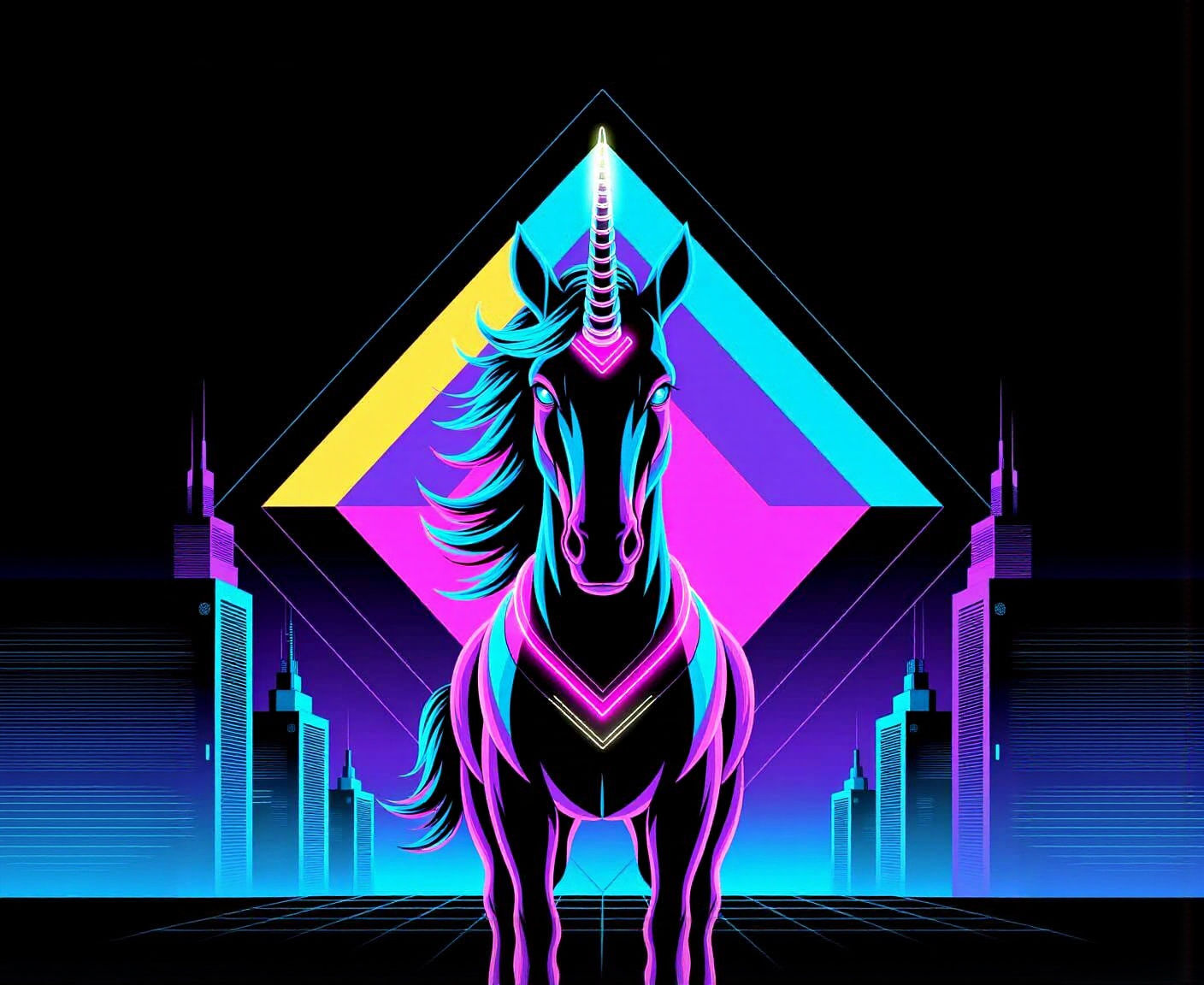 Cyberpunk Unicorn with Neon Horn in Futuristic Cityscape