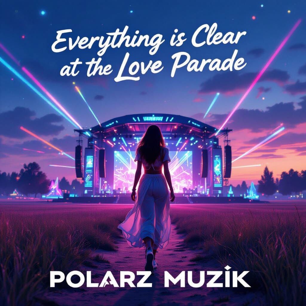 Woman Walks Toward Futuristic Festival Stage in Digital Art