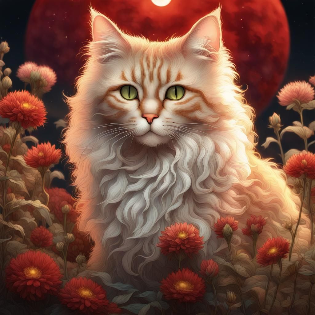 Cat Spirit in Floral Fantasy Wonderland: Etching Aquatint