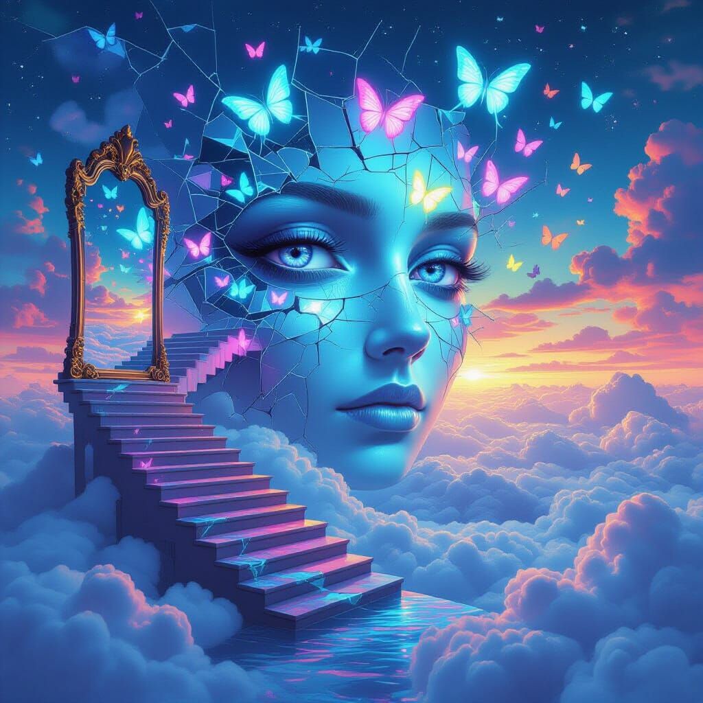 Surreal Dreamscape: Floating Staircases and Neon Skies